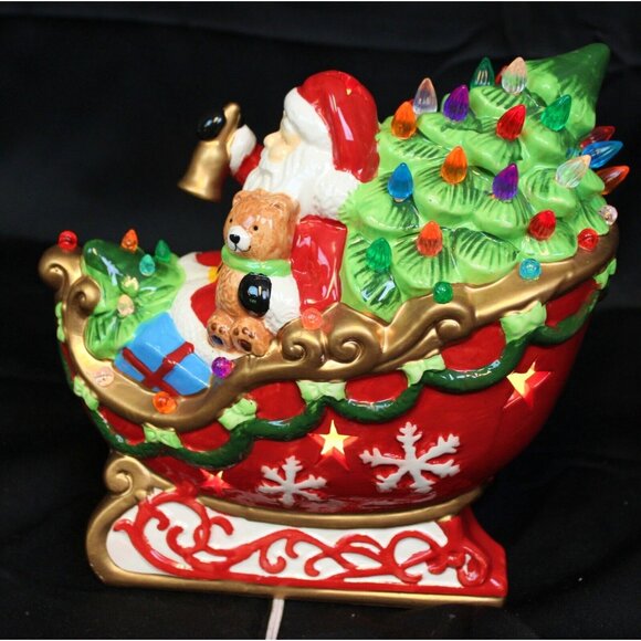 Roman 10'' Santa Sleigh Riding Ceramic Light Up Figure Ball Bear Present Holiday - Picture 5 of 10